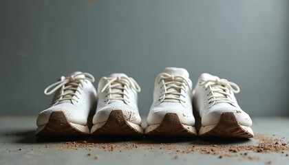Four white running shoes sit lined up on a gray surface. The shoe fronts are dirty with brown dirt or mud. Their laces are tied neatly, and the soles show signs of wear.