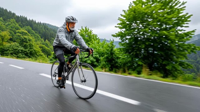 A old man is riding a bicycle down a road with a beautiful mountain range in the background. The man is wearing a helmet and a jacket, and the road is wet. Concept of senior adventure and freedom