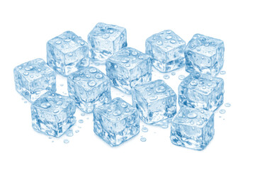 Ice cubes with water droplets melting and chilling, transparent cool crystalline blocks for refreshing drinks, on transparent background