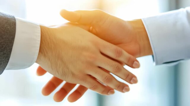 Business professionals engaging in a handshake to signify agreement and collaboration in an office setting