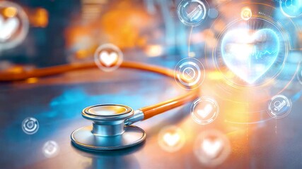 Medical stethoscope with glowing digital heart graphics and data interface for modern patient monitoring and clinical care settings - Powered by Adobe