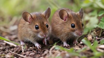 Two mice in a grassy field.