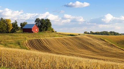 A red barn with a blue roof stands on a hillside, surrounded by a golden wheat field under a blue sky with white clouds.