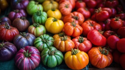 Vibrant heirloom tomatoes display in rainbow array at farmers market.
