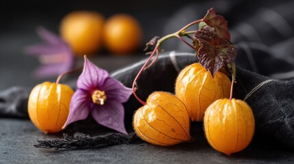Fresh physalis berries and purple flower on dark cloth: vibrant and textured composition.