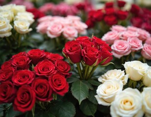 Naklejka premium Close up photo of a variety of rose types. Red pink and white roses are arranged together in a floral design. Flower stems green leaves are visible.