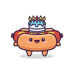 Happy Hot Dog Character with Birthday Cake