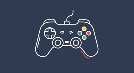 Stylized outline of a video game controller on a dark blue background with colorful buttons for a modern gaming aesthetic.