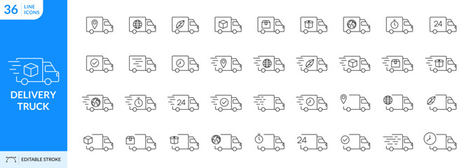 Delivery truck icon set. Fast shipping delivery truck editable stroke. Logistics, delivery service, package transport, freight, and courier business. Free delivery 24 hours