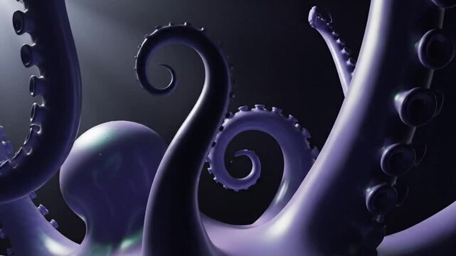 Purple octopus tentacles curl and reach showcasing suction cups against a dark backdrop