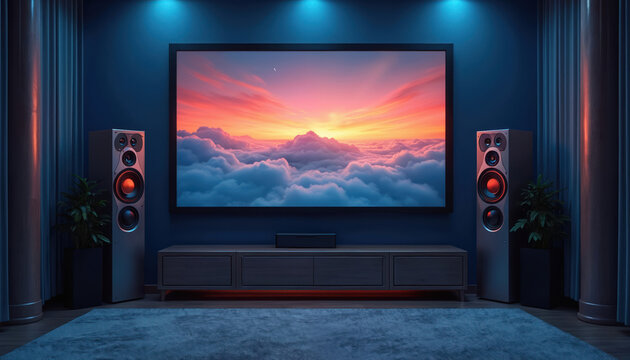 Home theater setup with large screen showing sky sunset over clouds. Floor standing speakers, media console create immersive entertainment experience. Ambient blue lighting enhances luxurious room