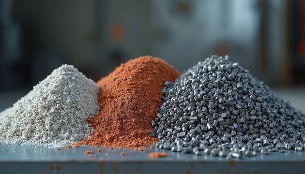 Close up photo of different abrasive blasting media samples. Steel shot and cut wire shot arranged. Industrial materials for surface preparation cleaning and finishing.