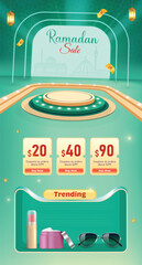 Ramadan Grand Sale Landing Page Design Vector Illustration For Website and Mobile On Green Background. Islamic Festival Sale E-commerce Design Illustration.