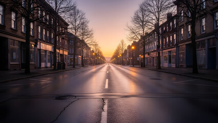 A symmetrical view of a long empty city street lined with brick buildings and bare trees during a golden purple sunrise