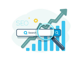 Effective SEO strategy with magnifying glass on search bar and growing graph