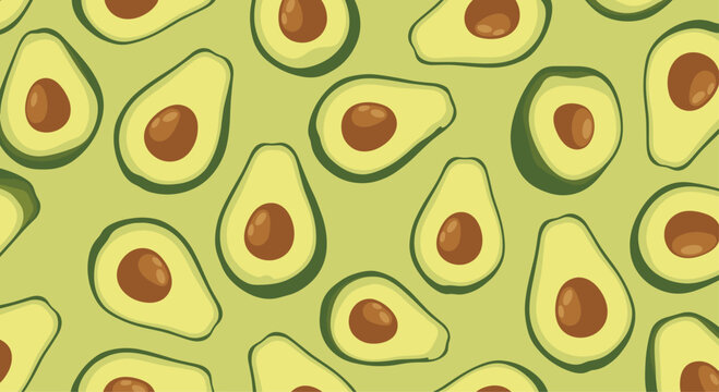Appetizing seamless pattern of ripe avocado halves with pits against a soft green background for healthy food design themes.