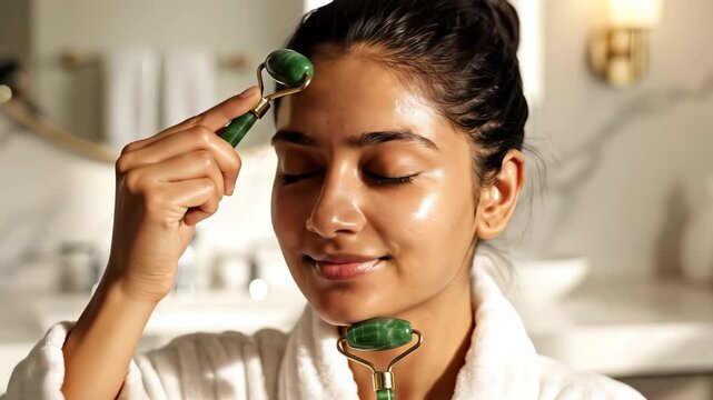 Woman using jade roller on face