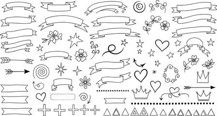 Hand drawn ribbon banner set with doodle floral elements hearts and stars cad drawing flat vector illustration for bullet journal