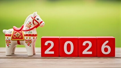 Charming Decorative Horse Figurine Alongside Red Blocks Displaying the Year 2026, Symbolizing New Beginnings and Anticipating Future Celebrations and Good Fortune