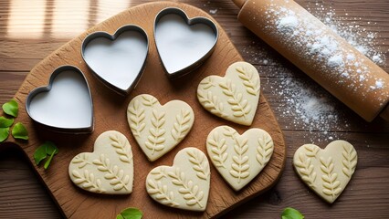 Valentine's day heart shaped cookies with rolling pin and cookie cutters