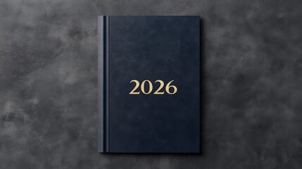 Dark navy planner for the year 2026 resting on a textured gray surface, ideal for organization