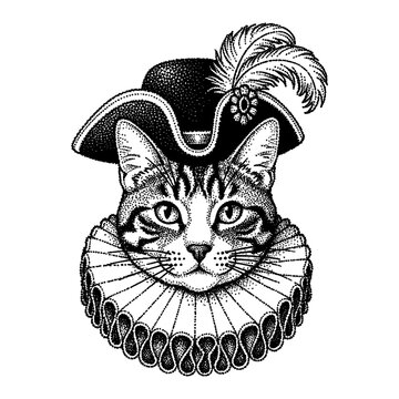 cat wearing a ruffed collar and hat vintage halftone illustration