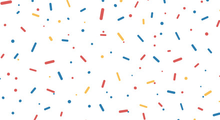 Vibrant pattern of colorful confectionery sprinkles with tiny sticks and dots in red, yellow, and blue on a white background.