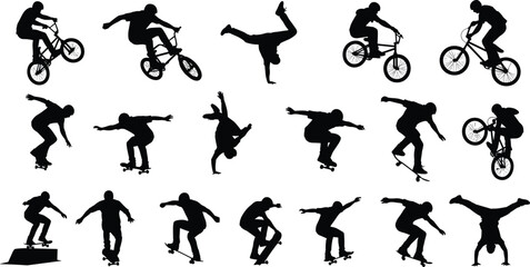 Naklejka premium Extreme sports silhouette set with bmx bike stunt skateboarder and parkour breakdance cad drawing flat vector illustration for urban action design