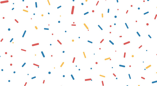 Vibrant pattern of colorful confectionery sprinkles with tiny sticks and dots in red, yellow, and blue on a white background.