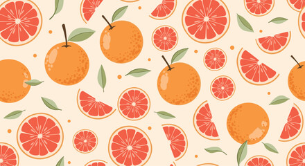 Fresh citrus pattern of oranges and grapefruits with green leaves on a warm cream background for a healthy lifestyle theme.