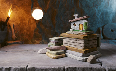 Prehistoric real estate agent's desk with model house