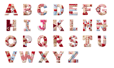 Valentine patchwork A-Z alphabets - floral pattern quilt and applique craft, English uppercase for display