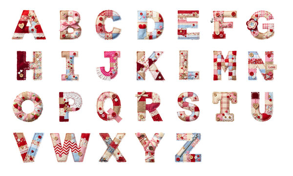 Valentine patchwork A-Z alphabets - floral pattern quilt and applique craft, English uppercase for display