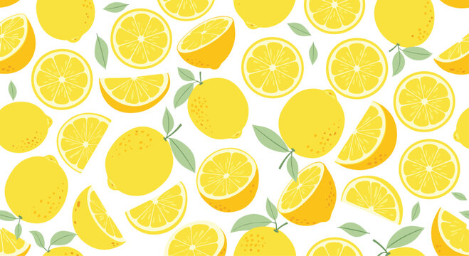 Bright seamless pattern of whole and sliced yellow lemons with green leaves on a white background for kitchen decor themes.