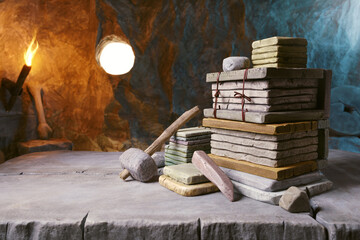 Stone Age office desk with stone tablets