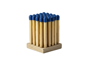 A pristine block of cobalt blue-tipped safety matches on a transparent background, an extreme macro shot emphasizing geometric alignment, concept of minimalist design