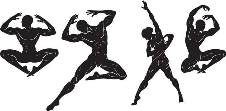 Silhouette of dancer in various dynamic poses and movements sequence