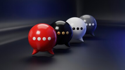 A vibrant arrangement of four rounded speech bubble shapes in red black white and gray tones is displayed against a dark background