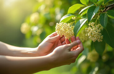 Person gently picking linden flowers from tree branch. Hands harvest herbal blossoms in sunlight. Nature appreciation concept with fresh green leaves background.