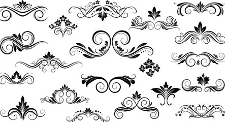 Vintage floral ornament set black divider filigree collection for wedding invitation cad drawing flat vector illustration decorative swirl border design