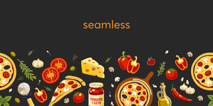 Seamless pizza pattern with slices, whole pizza and Italian ingredients on dark background. Hand drawn flat vector illustration for food packaging, kitchen textiles, wallpapers and menu design.