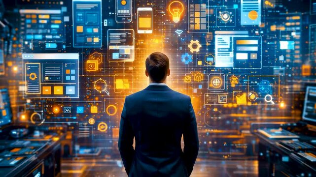 Business analyst reviewing immersive digital dashboards and data streams inside advanced analytics control room supporting strategic decision processes