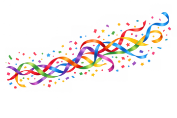 Colorful curling ribbons and scattered confetti shapes forming a vibrant, festive decoration. Transparent background