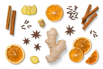 Collection of natural winter and Christmas elements, including dried orange slices, cinnamon sticks, star anise, fresh ginger, cloves and ginger slices isolated on a transparent background, PNG. 