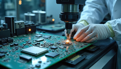 Technician in lab coats works with circuit board. Automated process of soldering components on motherboard during computer tech manufacturing. Tech expert working in cleanroom making electronic
