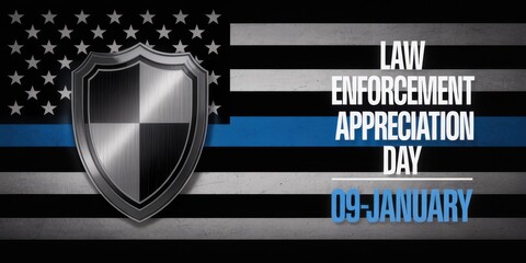 A striking image featuring a shield emblem superimposed on an american flag with a thin blue line honoring law enforcement appreciation day on january ninth