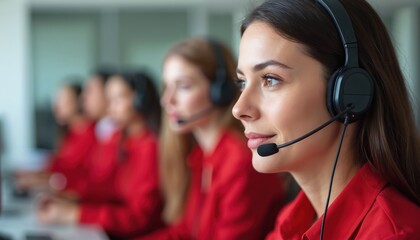 Woman in headset works with colleagues in red at busy call center. Staff provides customer service, assists clients. Team focused on interaction, communication, problem solution at help desk.