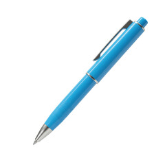 Sleek azure blue ballpoint pen with silver accents on a white cyclorama background, casting a sharp shadow. high-end product visualization concept