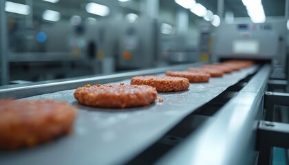 Plant based burger patties move along a production line in a food processing plant. The focus is on creating meat alternatives for sustainable food production. Eco friendly food production process.