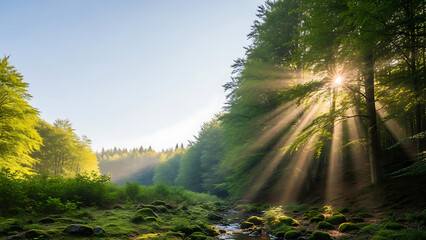 Sunlight Streaming Through Trees in a Serene Forest Landscape